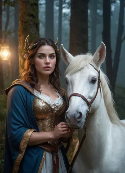 Photo, Beautiful shepherdess meets unicorn in misty hills, forest, night, raining, magic, lights, dramatic lighting by Artgerm and WLOP, intricate, masterpiece, trending on artstation, cgstudio, comic book cover, concept art, high detail