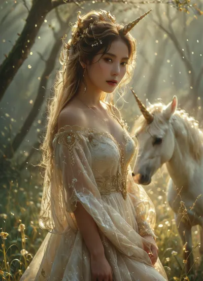 "A stunning young shepherdess with long, flowing golden hair stands barefoot in the dewy grass of a misty hillside at sunrise. She wears a sensual, off-shoulder, lace-trimmed dress that hugs her figure gracefully. Her eyes widen in awe as she extends a delicate hand toward a magnificent unicorn standing before her. The unicorn, with its gleaming, pearl-white coat and spiraled, glowing horn, locks eyes with her, its ethereal mane flowing like liquid silver. The fog swirls around them, and golden morning light filters through the mist, creating a surreal, magical atmosphere.", qingsha, AncheReddressgirl, <lora:TQ_-_Beauty_and_Unicorn_XL-000006:.5>, <lora:AnchemixReddressgirl-V1:.5>