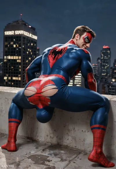 Sexy gay scene, realistic, only gay, on building roof in new-york, in datk night, sexy hot spiderman, ((torn annd ripped spiderman corstume)), (torn costule:1), big booty exhibiting, big cock down exposed, on all four on floor, back view, exhibiting his big buttcheeks, bubblebutt, suoer vilain joker male DC comics on background, naughty smile on his face, big bulge, exhibiting hot, (big bulge:1.5), full body view, gay secene, peter_parker, <lora:457224_training_data:1.9>
