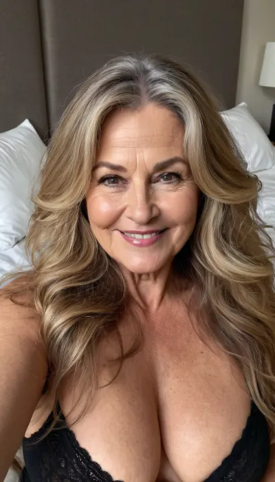 sexy mature, sexy 60 years old, dark blonde, long wave hair, very chubby, cute smile face, big black eyes, wide jaw, long big chin, very charming flirting, selfie, in the morning, after sleep, messy hair, sleep face