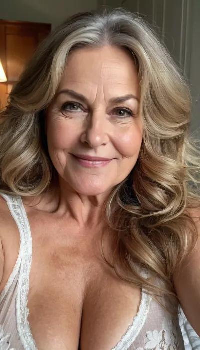 sexy mature, sexy 60 years old, dark blonde, long wave hair, very chubby, cute smile face, big black eyes, wide jaw, long big chin, very charming flirting, selfie, in the morning, after sleep, messy hair, sleep face