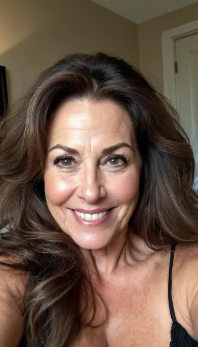 sexy mature, sexy 60 years old, brunette, long wave hair, chubby, cute smile face, big black eyes, wide jaw, long big chin, tall, selfie, in the morning, after sleep, messy hair, sleep face