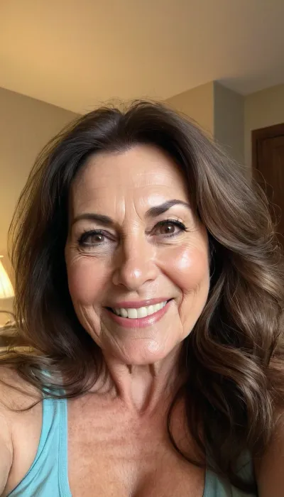 sexy mature, sexy 60 years old, brunette, long wave hair, chubby, cute smile face, huge black eyes, wide jaw, long big chin, tall, selfie, in the morning, after sleep, messy hair, sleep face
