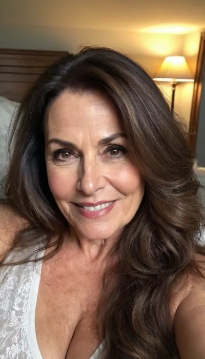 sexy mature, sexy 60 years old, brunette, long wave hair, chubby, cute smile face, huge black eyes, wide jaw, long big chin, tall, selfie, in the morning, after sleep, messy hair, sleep face
