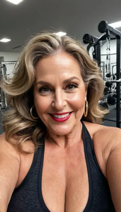 sexy mature, sexy 60 years old, dark blonde, long wave hair, fat chubby, thick body, very saggy tits, super saggy boobs, huge aureolas, sexy smile face, big black eyes, wide jaw, long big chin, glamour, make up, hoop earrings, lipstick, at the gim, after workout, sweaty body, selfie