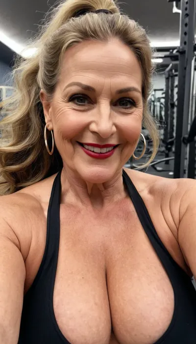 sexy mature, sexy 60 years old, dark blonde, ponytail long wave hair, fat chubby, thick body, very saggy tits, super saggy boobs, huge aureolas, sexy smile face, big black eyes, wide jaw, long big chin, glamour, make up, hoop earrings, lipstick, at the gim, after workout, sweaty body, selfie