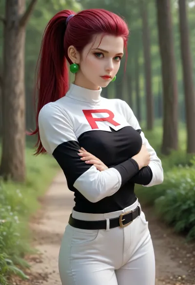 1girl, jessie_, (pokemon), solo, jewelry, team_rocket, long_hair, earrings, belt, nature, breasts, crossed_arms, outdoors, blue_eyes, tree, looking_at_viewer, pants, forest, white_pants, ponytail, makeup, hair_slicked_back, red_lips, long_sleeves, team_rocket_uniform, high-waist_pants, lipstick, lips, day, standing, medium_breasts, closed_mouth, cowboy_shot, red_hair, nail_polish, signature, alternate_hairstyle, belt_buckle, arms_under_breasts, purple_hair, shirt