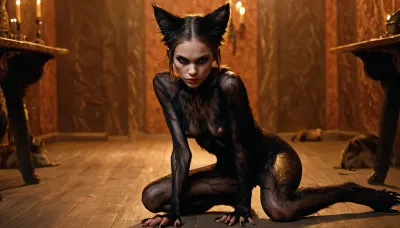 masterpiece, fit vascular, skinny, evil russian girl, (wearing torn very tightly fitted clothes), (intense possessed eyes), eyeliner, veiny legs, (intense veins all over her body), (black detailed vein texture), (transforming into a anorexic furry catgirl:1.03), (infected bulging black veins), (intense detailed pussy texture:1.1), (sharp claws on her hands:1.03), pointed ears, (), wanapi, fur, all, fours, <lora:wanapi:.5>