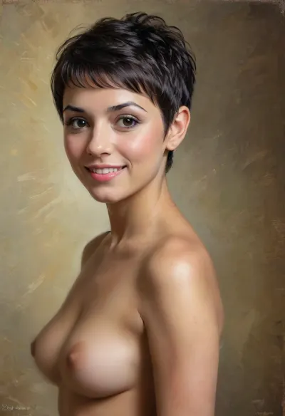 A medium close up portrait Classic academic oil painting depicting seductive smiling ironic 36 yo seductive Spanish Mexican Latino woman, ((Black)), (((pixie haircut))), (((nude))), ((high chest)), ((natural big boobs)), in style by John Singer Sargent, 3/4 shot over the shoulder shot, seamless suntan, volumetric light, dramatic cinematic light, masterpiece, <lora:oil painting:.4>, <lora:great_lighting:.4>