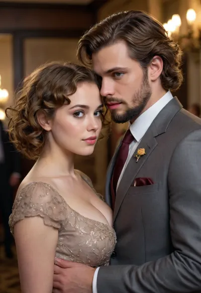 Shaten, (light brown hair), girl with a lot of curly short hair on the head and large breasts. She is dressed in a brown semi-formal dress and looks forward with a lot of sexual interest toward her young with minimal brown beard man in a gray suite who grasps her.