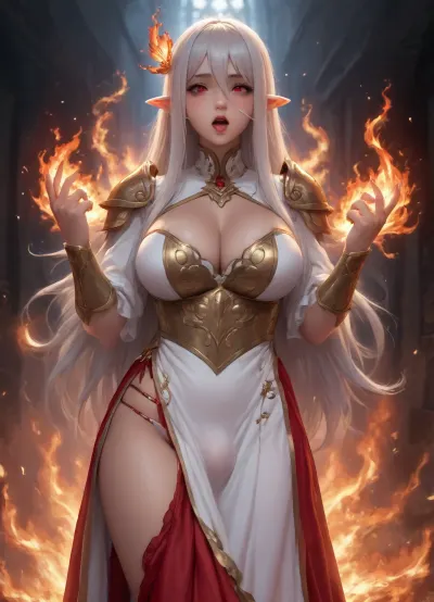 cleavage, She stands in fighting pose, she using fire magic, her clothes in fire, she is wearing fantasy armor set, fire hunter clothes, embarrassment is on her face, her face is red with shame, she is not wearing pants, don't touching penis, long hair, looking at viewer, ahegao, ahegao face, solo, pointy ears, blush, ebony, dark skin, black skin, Bronze skin, large breasts, red eyes, white hair, very long hair, jewelry, hair between eyes, penis, testicles, futanari, panties, penis in panties, penis bulge, futanari bulge, erection in panties, penis stretches panties, penis bulges in panties, <lora:milkers_v2:1.4>, <lora:209970_training_data:.5>, phoenix, dress, <lora:xl_phoenix_dress-1.0:.5>, V3sp3r4, 1girl, daggers, monster, <lora:Vespera_The_Fire_Hunter:.5>, out, <lora:Tongue out_SDXL:.5>