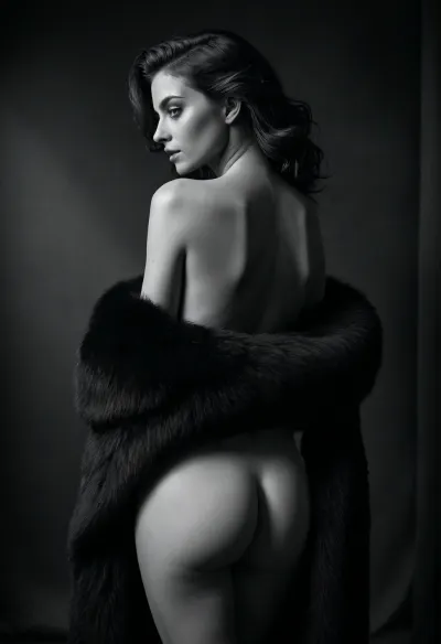 (Full-body shot, noir fine art photography, cinematic chiaroscuro lighting, ultra-realistic skin detail, 35mm film aesthetic, soft grain texture, masterful composition, timeless elegance), A mysterious nude woman, standing with her back to the camera, enveloped in a rich, luxurious black fur boa that cascades over her bare shoulders and down her spine. Delicate curves are sculpted by the interplay of deep shadows and soft highlights, creating a striking, intimate composition. The cinematic lighting bathes her in a moody, high-contrast glow, evoking a sense of mystery and allure.

Her posture is poised yet natural, one hand resting lightly on the boa, the other draped effortlessly by her side. The texture of the fur is intricate, with every strand catching the subtle glimmers of light, contrasting against the smooth, ethereal quality of her skin. A faint wisp of smoke lingers in the air, adding to the dreamlike atmosphere.

The background fades into a soft, film noir haze, reminiscent of vintage fine art photography, where shadows melt into the unknown. The ambiance is sensual, haunting, and timeless—an image that captures both vulnerability and power in the same breath.