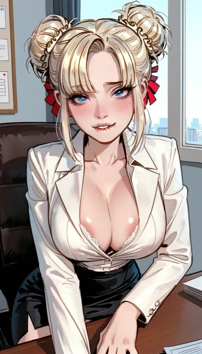 White blonde hair in a bun, blue eyes, office outfit, (giant tits:1), sitting on table, mini skirt, (flushed cheeks, blushing desperately horny:.8), (eye contact, devious expression, lip bite:1.2), ratatatat74, <lora:ratatatat74-000050:1.7>, <lora:cartoon_stickers_xl_v1:.6>