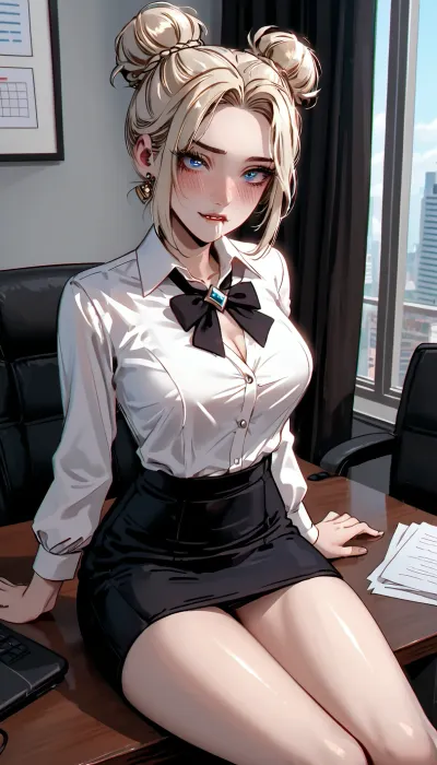 White blonde hair in a bun, blue eyes, office outfit, (giant tits:1), sitting on table, mini skirt, (flushed cheeks, blushing desperately horny:.8), (eye contact, devious expression, lip bite:1.2), ratatatat74, <lora:ratatatat74-000050:1.2>, <lora:g0th1cXL:1.1>