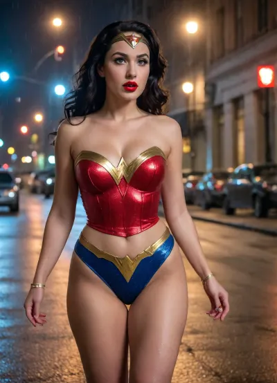 Shooting photo, in 50s, in street of Gotham City at night, under rain, pin-up style Wonderwoman, 27yo, curvy body, 5'4", huge breast, make-up, red lip stick, wearing Wonderwoman outfit, long black hairs