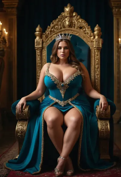 fantasy queen, massive breasts, wearing dress an crown, in front of a throne, showing legs