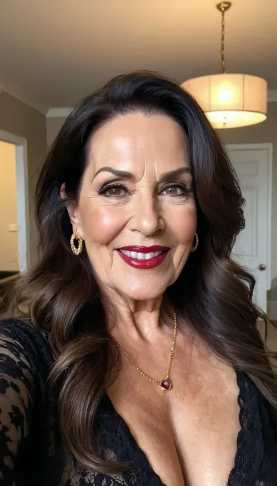 sexy granny mature, sexy 75 years old, dark brunette, long wave hair, chubby, sexy naught smile orgasm face, naught orgasm face, huge black eyes, wide face, long face, pointed nose, wide jaw, long big chin, tall, selfie, glamour, make up, lipstick, huge hoop earrings, necklace, long sleeve lingerie