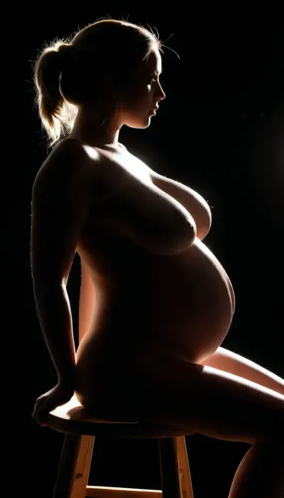 Professional art studio photo, 25 years old american woman, slightly pregnant, Big sagging breasts, sitting on a Wooden stool, silhouette, backlight, Highest Quality, detailed skin texture, hyperrealistic photo, Black background, full HD, 8K