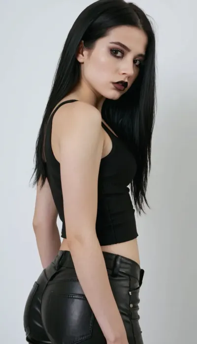 22 years old mexican-american woman, sensual pose, black hair, disgusting and very upset, square face, round breasts, white and pale skin, emo girl, black lips, black tank top, black leather pants, black eyeshadows, flat booty, flat small ass, long straight hair, middle body view, white background, thin, flat body, flat torso, narrow waist, small hip, highest quality, detailed skin texture, masterpiece, 4K
