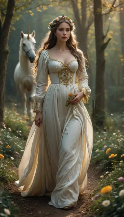 Enchanted night: a 14th century dark fantasy - witnessing the beauty and mystery of a french shepherdess and a white unicorn amidst glowing flowers