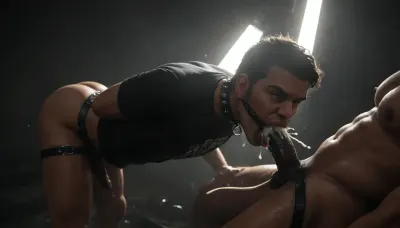 Very dark, (((Dim black lighting:2.5))), dirty industrial leather sex dungeon, ((1 dark-skinned 6’5, 220lbs, black master older daddy male)), (African American), ((dark skin)), (((12” black cock))), is standing wearing, ((leather muscle shirt)), standing at the edge of bed face fucking the white young man’d spikes haired head to firmly gagging the white twink in surprise deep throat, (((RawBBCBlowjob))), oral sex, rough oral sex, face fucking white twink short spikes hair, ((brunette hair short faux hawk)), (very thin hairless college twink), (20 year-old, 5’3”, white, 130 lbs), hazel eyes, thin muscle small pecs, small hard nipples, big bubble butt, small 4 inch cock, no facial hair, wearing, ((jock strap), ((black dog collar)), smooth, aheggo, (((screaming:1.4))), ((eyes wide:1.3)), ((gag the fag)), ((forced oral)), ((gag the twink)), ((cum in mouth), twink’s hands restrained behind back)), (12” black cock in twink ass, HD, wide angle, side, lower)