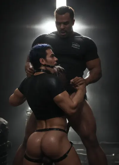 Very dark, (((Dim black lighting:2.5))), dirty industrial leather sex dungeon, ((1 dark-skinned 6’5, 220lbs, black master older daddy male)), (African American), ((dark skin)), (((12” black cock))), is standing wearing, ((leather muscle shirt)), standing at the edge of bed face fucking the white young man’s spike blue haired head to firmly gagging the white twink in surprise deep throat, (((RawBBCBlowjob))), oral sex, rough oral sex, face fucking white twink with blue short hair, ((blue hair short faux hawk)), (very thin college twink), (20 year-old, 5’3”, white, 130 lbs), hazel eyes, thin muscle small pecs, small hard nipples, big bubble butt, small 4 inch cock, no facial hair, wearing, ((jock strap), ((black dog collar)), smooth, aheggo, (((screaming:1.4))), ((eyes wide:1.3)), ((gag the fag)), ((forced oral)), ((gag the twink)), ((cum in mouth), twink’s hands restrained behind back)), (12” black cock in twink ass, HD, wide angle, side)