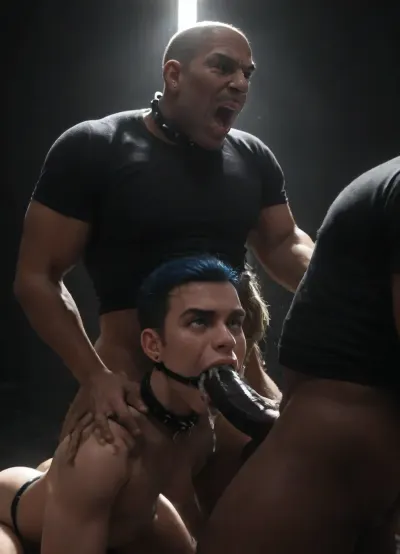 Very dark, (((Dim black lighting:2.5))), dirty industrial leather sex dungeon, ((1 dark-skinned 6’5, 220lbs, black master older daddy male)), (African American), ((dark skin)), (((12” black cock))), is standing wearing, ((leather muscle shirt)), standing at the edge of bed face fucking the white young man’s spike blue haired head to firmly gagging the white twink in surprise deep throat, (((RawBBCBlowjob))), oral sex, rough oral sex, face fucking white twink with blue short hair, ((blue hair short faux hawk)), (very thin college twink), (20 year-old, 5’3”, white, 130 lbs), hazel eyes, thin muscle small pecs, small hard nipples, big bubble butt, small 4 inch cock, no facial hair, wearing, ((jock strap), ((black dog collar)), smooth, aheggo, (((screaming:1.4))), ((eyes wide:1.3)), ((gag the fag)), ((forced oral)), ((gag the twink)), ((cum in mouth), twink’s hands restrained behind back)), (12” black cock in twink ass, HD, wide angle, side)