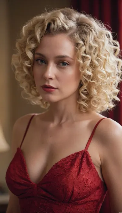 Shaten, (light blond hair), girl with a lot of curly short hair on the head and Medium sagging breasts. She is dressed in a red Elegant dress with a lot of sexual interest toward the viewer.