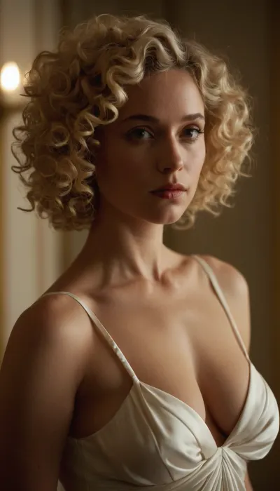 Shaten, (light blond hair), girl with a lot of curly short hair on the head and Medium sagging breasts. Saggy breasts. She is dressed in a white Elegant dress with a lot of sexual interest toward the viewer.