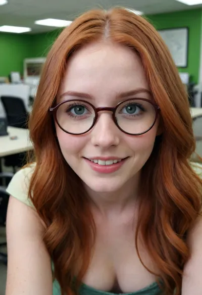 POV missionary sex, beautiful cute slender 18 year old woman, long red hair, wearing big round glasses with thin frames, bare breasts, green eyes, smiling, in an office, (vagina)