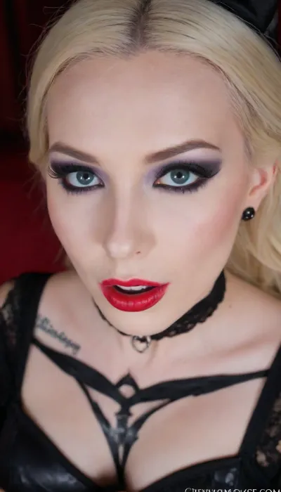 Elsa from Frozen as a evil Disney princess, black goth dress, black goth makeup, close up