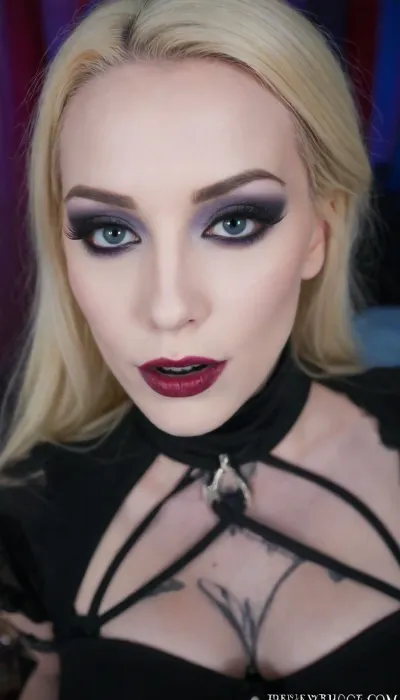Elsa from Frozen as a evil Disney princess, black goth dress, black goth makeup, close up