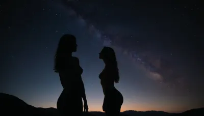 serene and tranquil scene with a galaxy in background. A dark silhouette of a woman with perfect body looking at the night sky.
