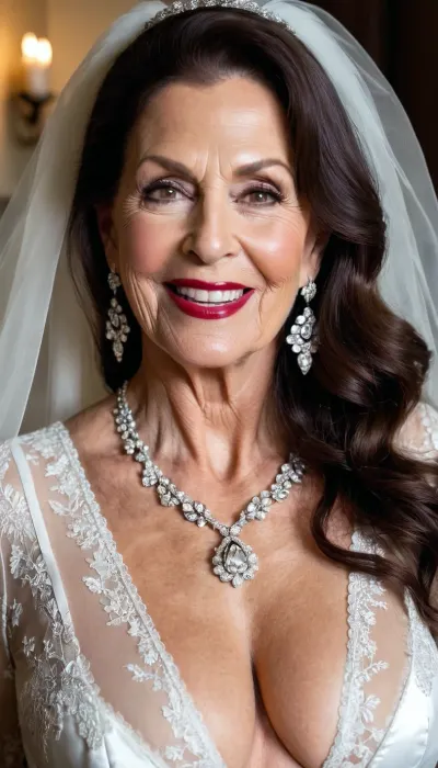 sexy granny mature, sexy 75 years old, dark brunette, long wave hair, chubby, sexy naught smile orgasm face, naught orgasm face, huge black eyes, wide face, long face, pointed nose, wide jaw, long big chin, tall, selfie, glamour, make up, lipstick, huge hoop earrings, necklace, white bride long sleeve lingerie, sexy bride