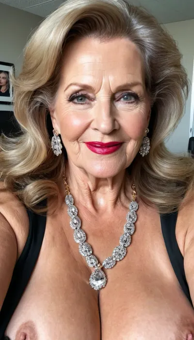 sexy granny mature, Canadian, sexy 81 years old, the boss, evil woman, dark blonde, long wave hair, chubby, sexy smile flirting face, huge eyes, tall, face and saggy boobs focus, selfie, glamour, make up, lipstick, huge hoop earrings, necklace, charming, most sexy lady, business woman, at the office, ready for sex, very horny, very saggy tits, super saggy tits, asking for sex, looking at the camera