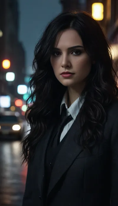 Close up, A classic suit with modern grunge elements, hyper detailed hyper realistic stunningly beautiful woman dressed in modern grunge fashion merged with classic tailoring style from head to toe, grunge makeup and accessories, classic suit accents with grungy flair, in the style of eve ventrue, 2d game art, clamp, porcelain, high-contrast shading, rainy foggy night, downtown New York, Midnight, pouring rain, neon lights, hip length wavy black hair, (((very long wavy hair))), ((black_hair)), DonMN1gh7XL, <lora:DonMN1gh7rXL-000006:.8>
