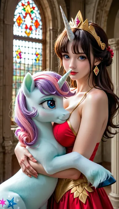 on a wonder fairy land, a beautiful huge busty naked woman hugging unicorn, (unicorn with horn:1.6), anime style
