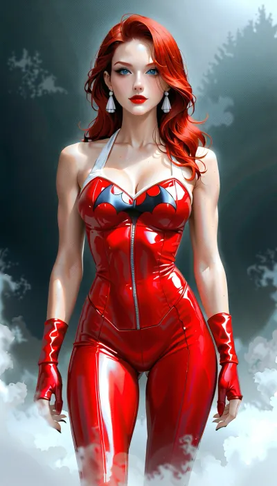 concept art of Cinematic Film stock footage in, (arri alexa style), Kodak film print, Batman Beyond a woman in a futuristic red costume standing in front of a black background, digital artwork, illustrative, painterly, matte painting, highly detailed, Hyperrealistic art of, In Gotham City a batman silhouetted against a blue sky Batman The Animated Series Style, Extremely high-resolution details, photographic, realism pushed to extreme, fine texture, incredibly lifelike, fog, haze, foggy, mist, btstyle, <lora:Batman Beyond:.7>, <lora:milkers_v2:.4>, <lora:polyhedron_fog-000004:.5>, <lora:Retro_Cartoons_the_Animated_Series-000009:.5>