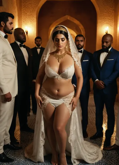 "Modern curvy Iranian wedding ritual, submissive Iranian bride in sheer white lace gown and veil, golden crown, surrounded by powerful Black men in suits, their muscular bodies claiming the bride, naked servants preparing the bride’s body, powerless Iranian groom in the corner, watching in humiliation, helpless, unable to act, Persian villa with blue tiles, gold decor, candlelit shadows, golden accents, bride claimed by others, groom in sorrow and shame, all eyes on the bride as symbol of lust and power"