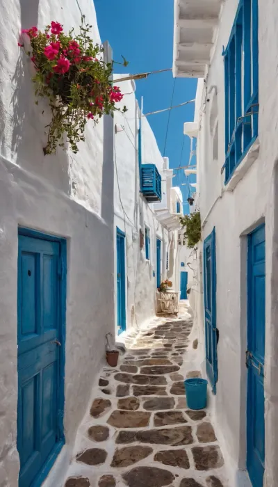 Small tight narrow Mykonos Alleyway, Mediterranean, small shops, sunny, bright, old, colorful, seaside, photorealistic, ultimate realism, detailed