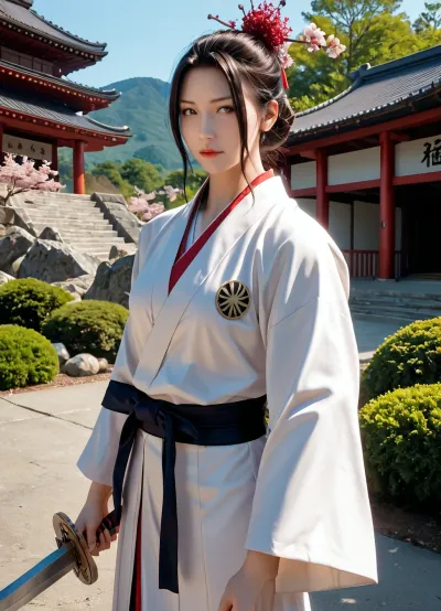 Japanese warrior with perfect face and body, in typical samurai uniform, outdoors, in a Japanese landscape near Mount Fuji, with drawn samurai sword in attack position