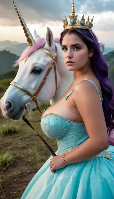 Twilight, cute curvy 19 years old Colombian girl riding a unicorn with horn, amazing pastel colour dress, big detailed eyes, amazing historic crown in head, big breast, 3/4 body, heavy abs, tattoo, foggy misty hills, (zoom in:1.4)