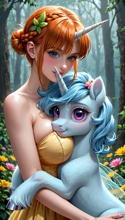 (on a wonder fairy foggy misty hills:1.5), a beautiful huge busty naked woman hugging unicorn, (unicorn with horn:1.6), anime style
