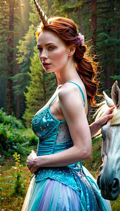 Mid journey, 25 years old French girl, brunette short ponytail, huge heavy breasts, (under a unicorn with horn, Hugs the unicorn by the mane:1.4), (undersized black dress), wearing a long wavy dress, (perfect body), (flat stomach), shameful face, heavy huge breasts hanging apart, hands squeezing boobs, detailed background foggy hills, masterpiece, best quality, high quality, highres, (pale skin:1.5), highly detailed, bokeh, gorgeous, boobs, see-through, undersized, dress