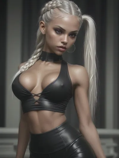 safe_pos, masterpiece, best quality, highly detailed, score_9, score_8_up, score_7_up, 1girl, young, high braided ponytail, platinum hair, seductive, black skin tight top, micro skirt, slim body, small waist, g, jewelry, (solo), pale skin, curvy body, athletic body, slim waist, untouched beauty, clear, lively, detailed face, upper body accent, dark makeup, goddess, seductive look, underexposed, cinematic darkness, deep shadows ., with, pokies, <lora:pokies_9:.5>