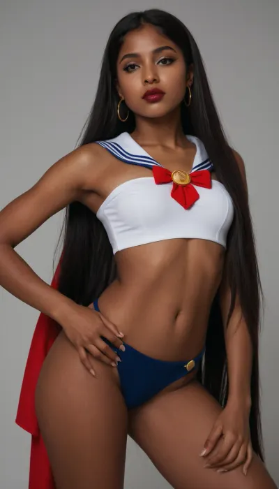 18 years old girl, dark brunette very long straight hair, brown skin, nose piercing, dark red lips, small tits, slim thick body, sailor moon cosplay, piercing in the navel, pro clarifying makeup, top model, pose, thick round ass, full body, (sideview), white background, slut face, looking at the camera, ass focus, (proshoot), masterpiece, realistic body, realistic arms, realistic hands, (4K)