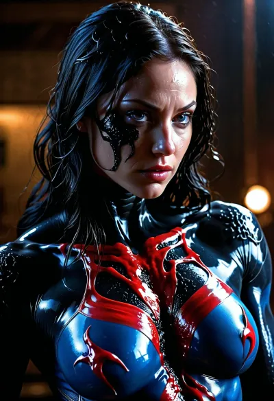 (warm ambient light:.5), (shadows:.4), RAW image, Canon EOS R3, DSLR photo, 8k, best quality, (masterpiece:1.1), (realistic, photo-realistic:1.2), ultra high res, ((she venom), (toxine symbiote, woman merging with toxine symbiote), (body covered with toxine symbiote, blue and red, black scorpion on chest)), ((muscular), (big and muscular)), backlight, mutating, (30 year old woman, black hair), (wet hairs), (black eyes), (dark eyes)