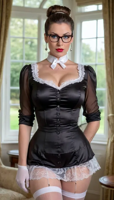 retro, 1940s, Nordic sorority, British headmistress in full body satin uniform, covering the chest completely, very old, mature 35 years old, British headmistress, gran, grandma, facial wrinkles, black lipstick, 35 years old Nordic woman with Victorian Edwardian shiny dark brown hair, (((hair bun))), blue lipstick, pale skin, (full frame view), angry attitude, arrogant attitude, dominant face, bitchy face, ((Looks disapproving at the camera:1.3)), looking at the viewer, intense stare, look at the viewer, eye contact, looking at camera, wearing red glasses, and ginormous breast, blue eyes, 35 year old Victorian British headmistress, striking blue eyes, wearing glasses, milf body, boobs, (best quality:1.2), Victorian mature face, British Victorian headmistress, (((big silicon tits))), heavy breast, MM cup breast, massive bimbo tits, ginormous boobs, perfect breasts, intricate, incredible detail, perfect lighting, mature face, wearing white nylon shiny fully fashioned stockings with white back seam and black strip leg-wear stockings, wearing black satin garter belt with white lace and black nylon shiny fully fashioned stockings with black back seam, white satin gloves, silver ring earrings, wearing large white and black lace satin transparent see trough push bra, wearing white satin ruffle pleated micro skirt, all buttons closed tightly from the neck to the bottom, (((white satin transparent see trough blouse with all buttons tightly closed))), all buttons closed tight from the neck to the bottom, red high heels fetish ankle boots, wearing white satin garter belt with red lace and black nylon shiny fully fashioned stockings with black back seam, ((Victorian queen)), in front of a windows in a luxurious villa, all large windows with see trough Victorian curtains, sun is coming in the room through the windows, beautiful luxurious interior Victorian room background, large spacious room, she has a thick leather whip in the left hand up, standing with both hands on hips for a photo shoot, ultra-detailed, professional photography, masterpiece, photo-realism, perfect face, (detailed face:1.3), realistic, beautiful, best quality, extremely detailed face, perfect hands, five fingers, ((bottomless:1.1))