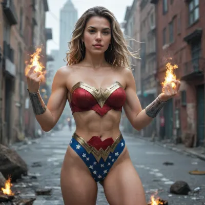 Wonder woman, justice League, strong, fit, muscular, making a fist, blonde hair, in front of a destroyed city, buildings on fire, full body shot
