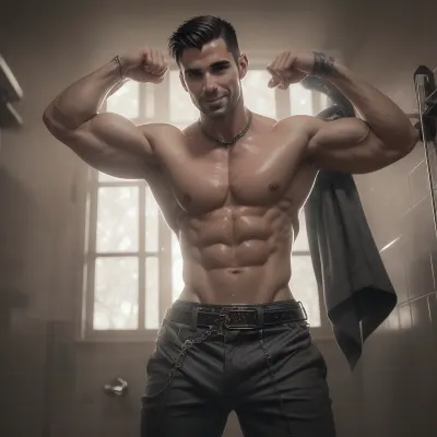 ASCII, photo of a, ((BIG DICK)), man, smiling face, (Adonis belt), abs, veins, dramatic lighting, standing in shower, portrait, nude, tattoo, pants, (narrow waist), thighs, high detail, realistic, 8k, (Masterpiece, high quality:1.3), masterpiece, depth of field, bokeh, detailed, homoerotic, (homoerotic), highly detailed, sharp focus, intricate, smooth, elegant, fantasy, cinematic lighting, cinematic, matte, photorealistic, 4k, beautiful, volumetric lighting, dramatic